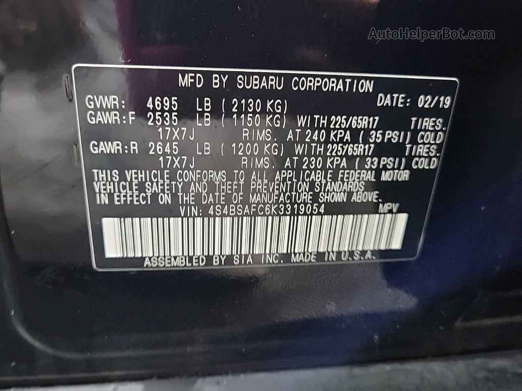 2019 Subaru Outback 2.5i Premium vin: 4S4BSAFC6K3319054