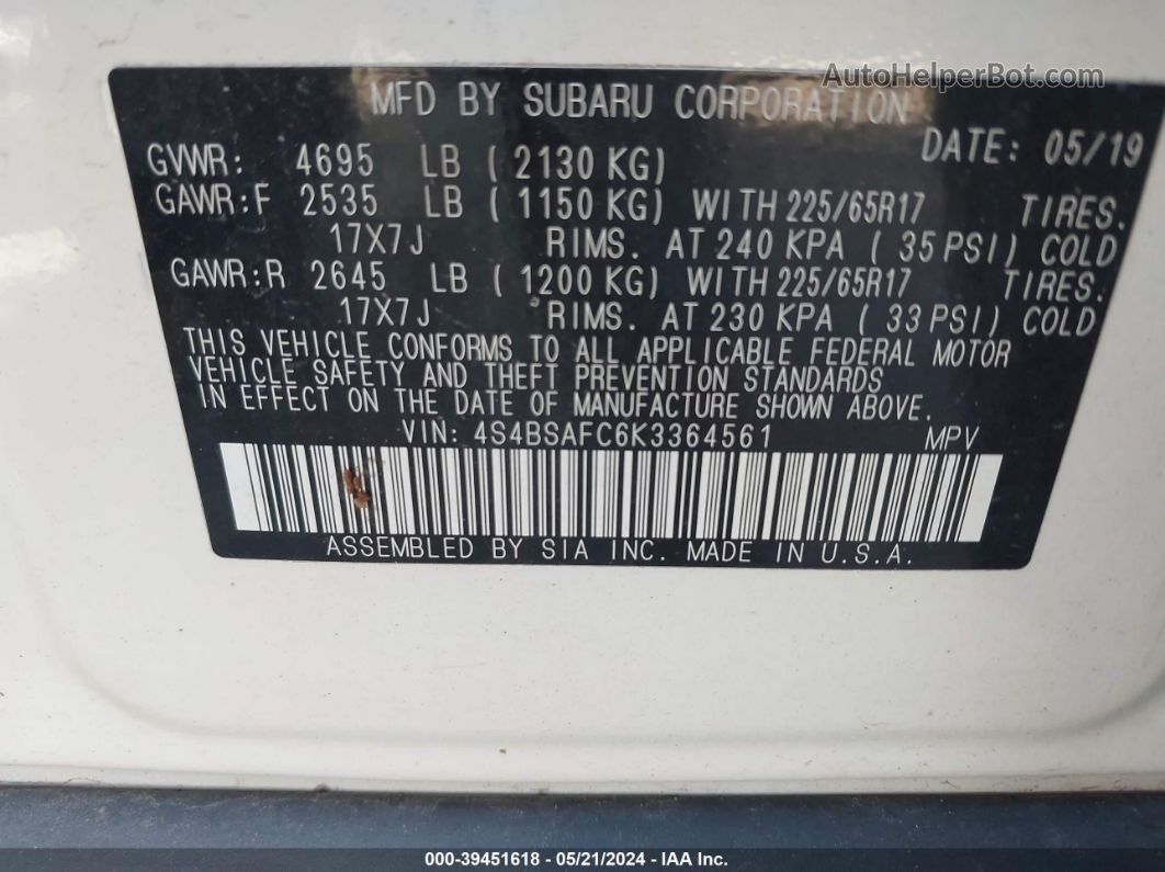 2019 Subaru Outback 2.5i Premium White vin: 4S4BSAFC6K3364561