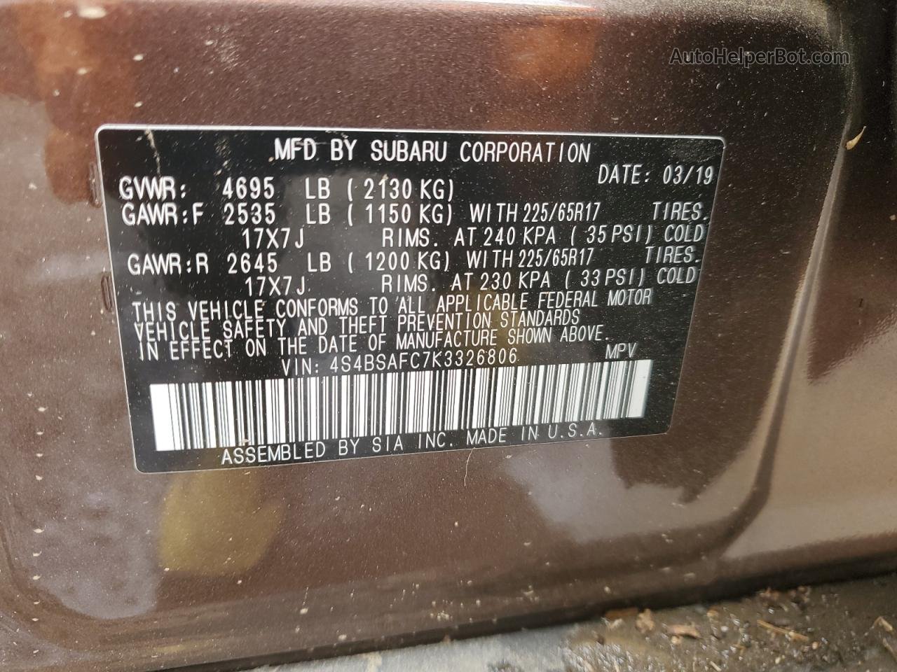 2019 Subaru Outback 2.5i Premium Brown vin: 4S4BSAFC7K3326806