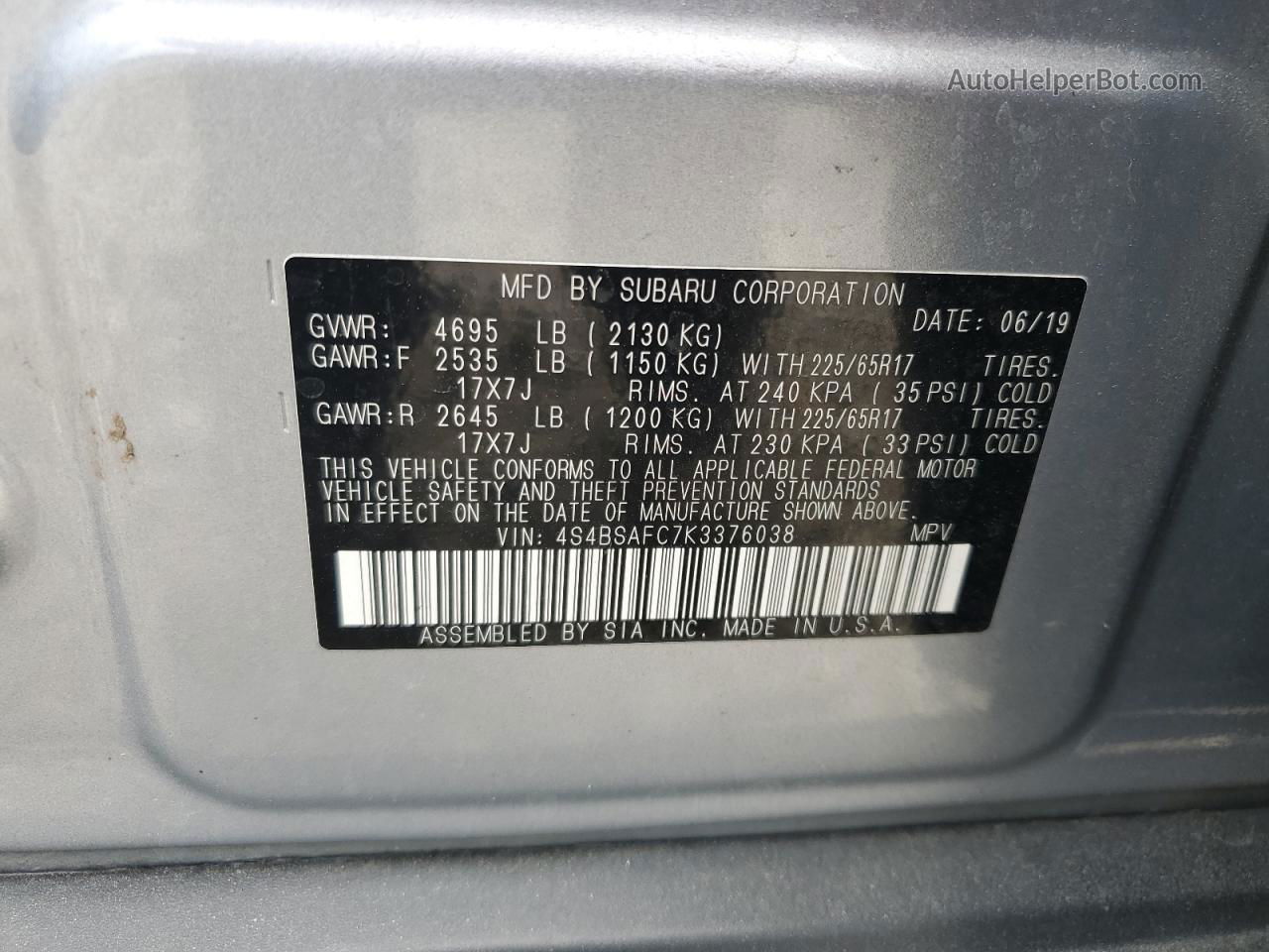 2019 Subaru Outback 2.5i Premium Silver vin: 4S4BSAFC7K3376038