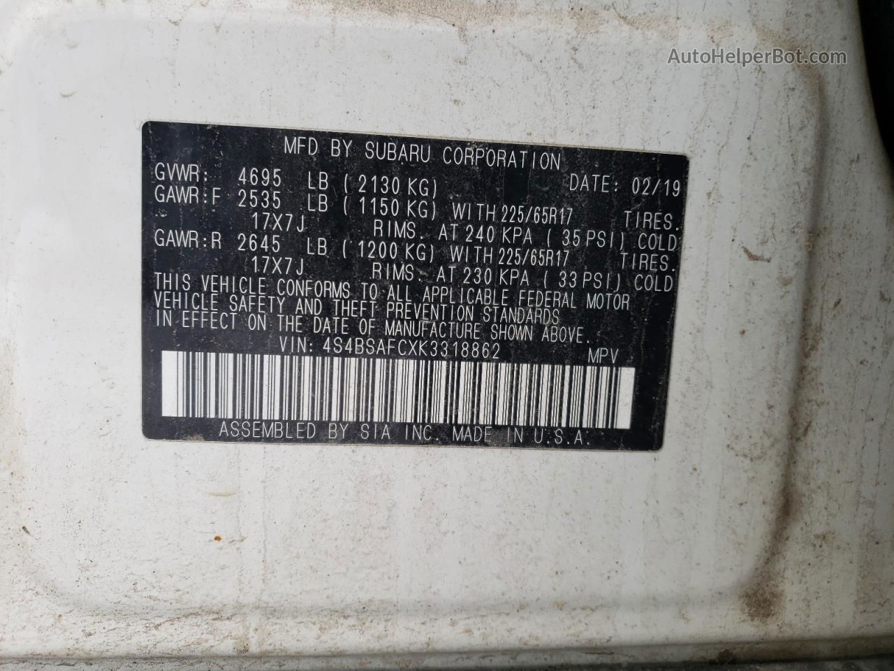 2019 Subaru Outback 2.5i Premium White vin: 4S4BSAFCXK3318862