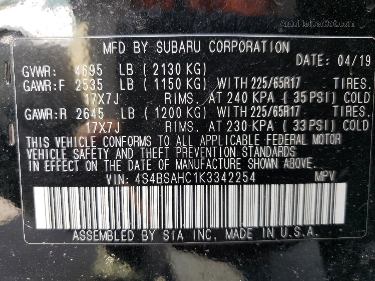 2019 Subaru Outback 2.5i Premium Черный vin: 4S4BSAHC1K3342254