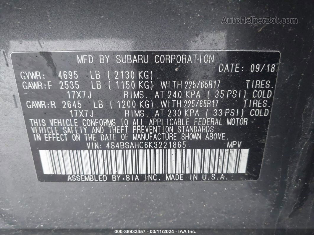2019 Subaru Outback 2.5i Premium Gray vin: 4S4BSAHC6K3221865