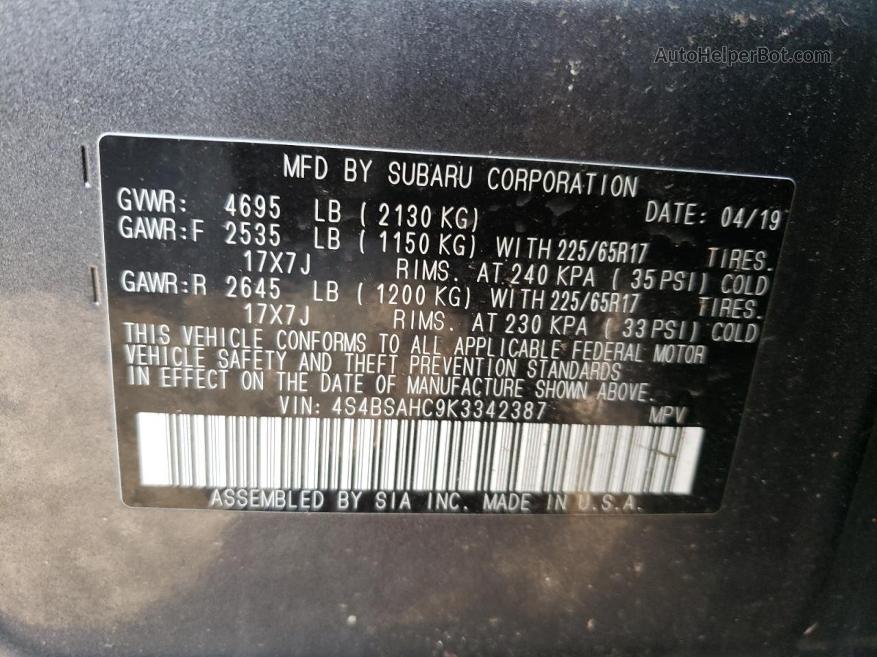 2019 Subaru Outback 2.5i Premium Gray vin: 4S4BSAHC9K3342387