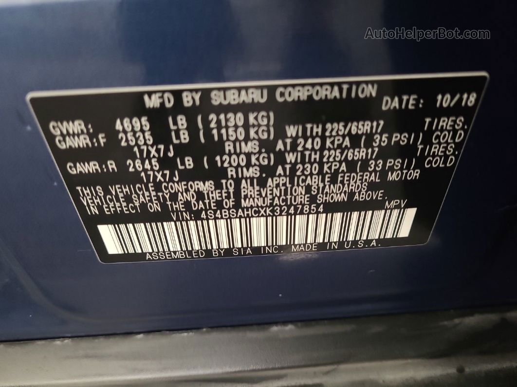 2019 Subaru Outback 2.5i Premium vin: 4S4BSAHCXK3247854