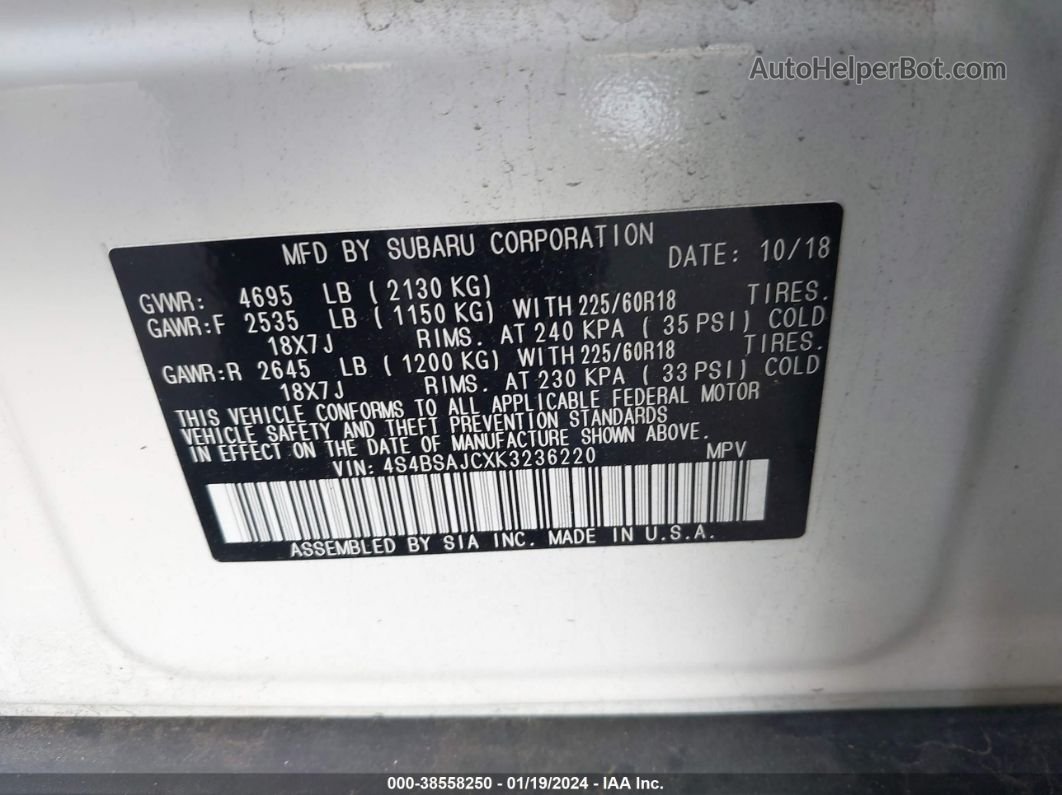 2019 Subaru Outback 2.5i Limited White vin: 4S4BSAJCXK3236220
