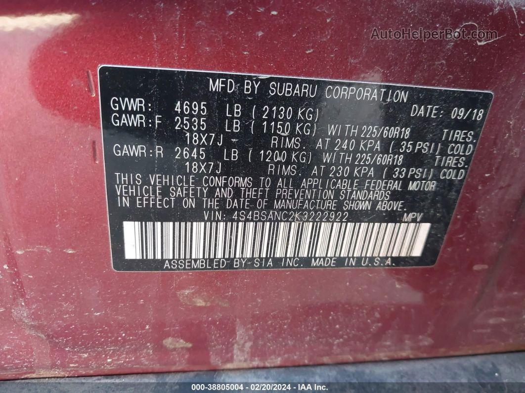 2019 Subaru Outback 2.5i Limited Red vin: 4S4BSANC2K3222922