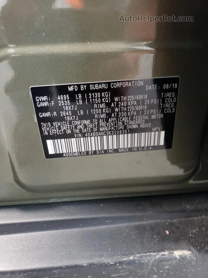 2019 Subaru Outback 2.5i Limited Green vin: 4S4BSANC3K3208351