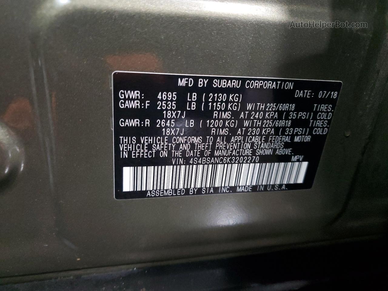 2019 Subaru Outback 2.5i Limited Green vin: 4S4BSANC6K3202270
