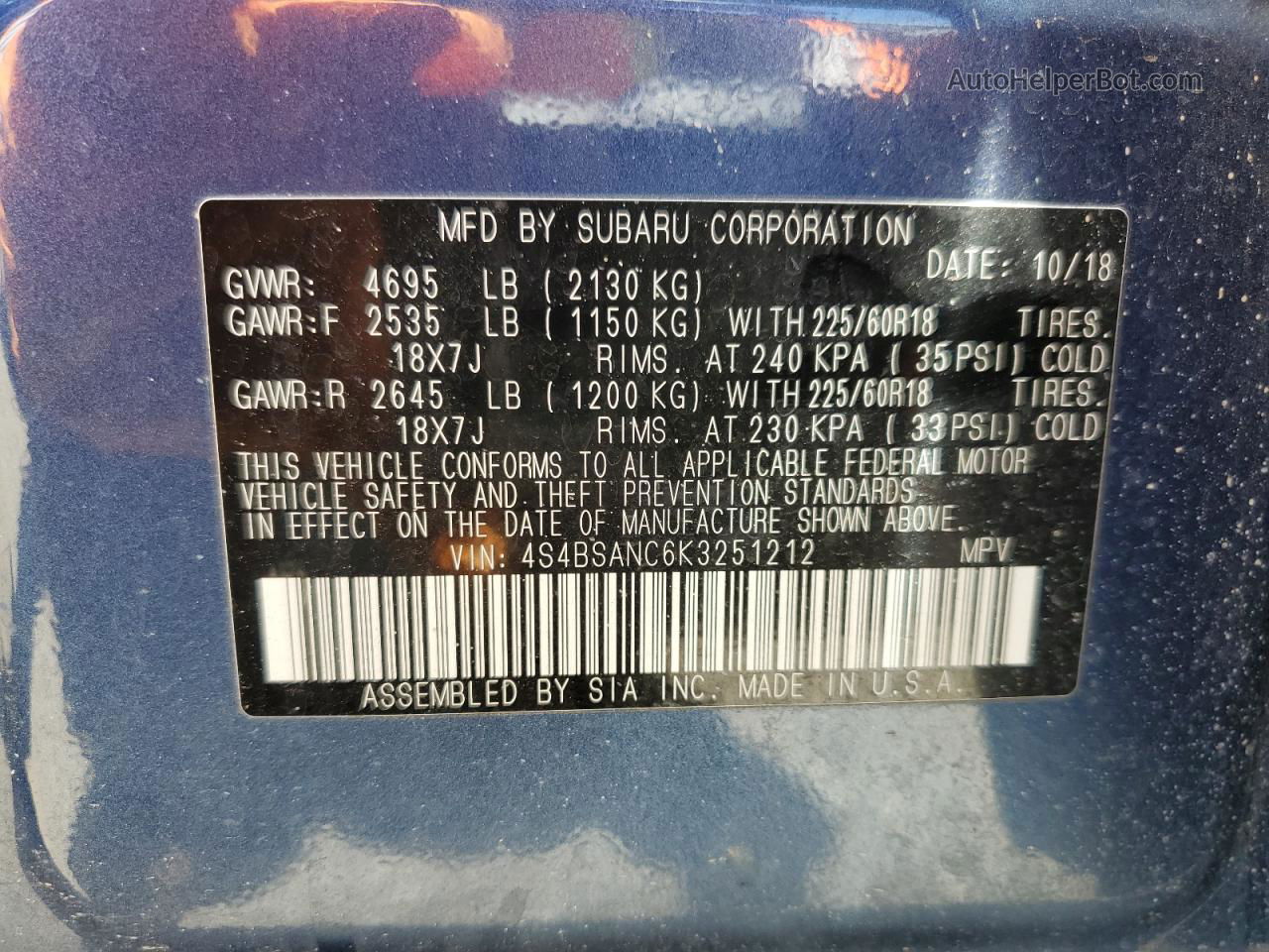 2019 Subaru Outback 2.5i Limited Синий vin: 4S4BSANC6K3251212