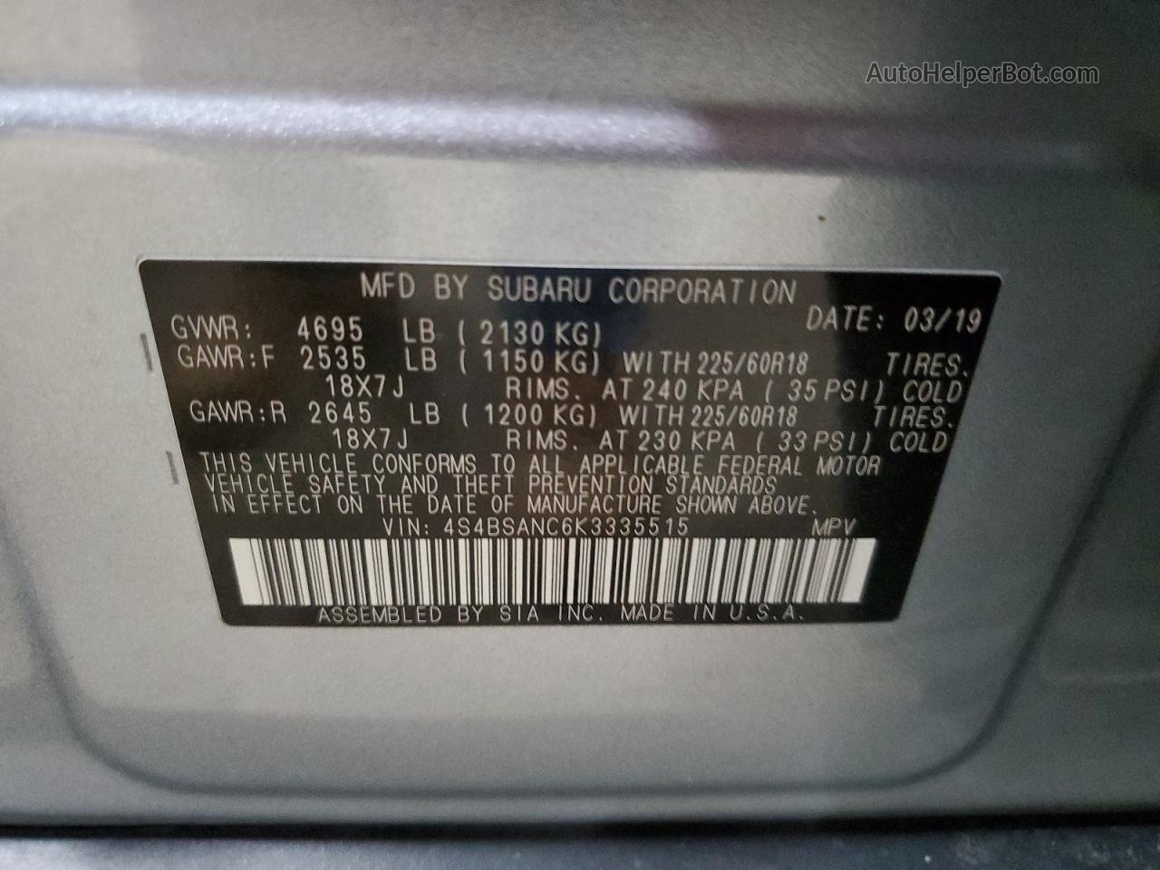 2019 Subaru Outback 2.5i Limited Silver vin: 4S4BSANC6K3335515