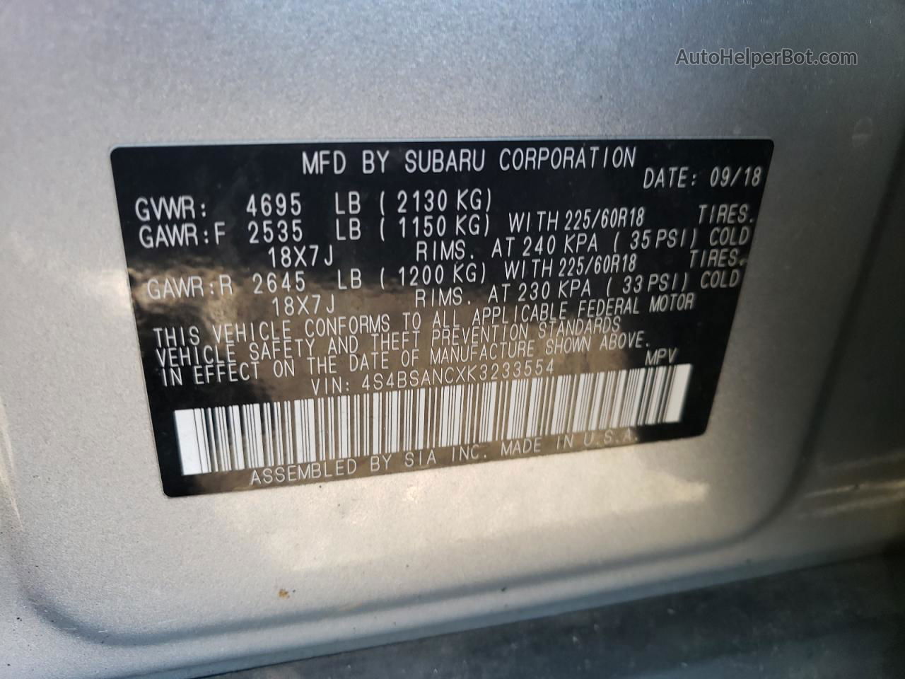 2019 Subaru Outback 2.5i Limited Silver vin: 4S4BSANCXK3233554