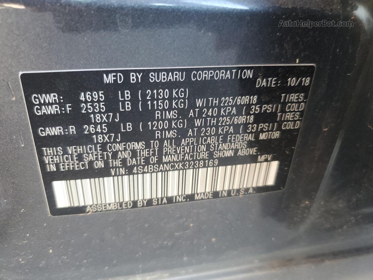 2019 Subaru Outback 2.5i Limited Charcoal vin: 4S4BSANCXK3238169