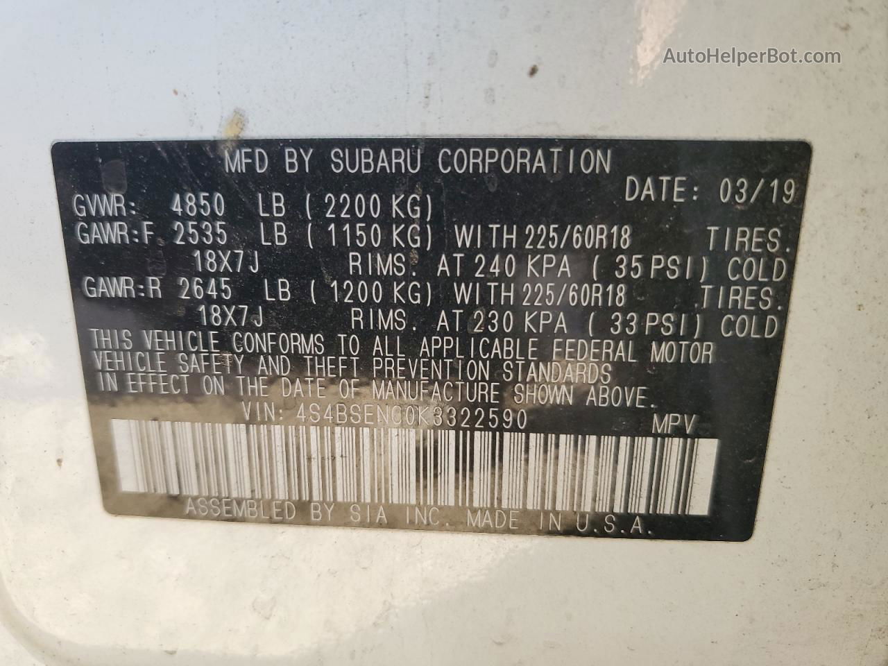 2019 Subaru Outback 3.6r Limited Белый vin: 4S4BSENC0K3322590