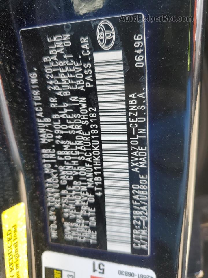 2019 Toyota Camry L Black vin: 4T1B11HK0KU183182