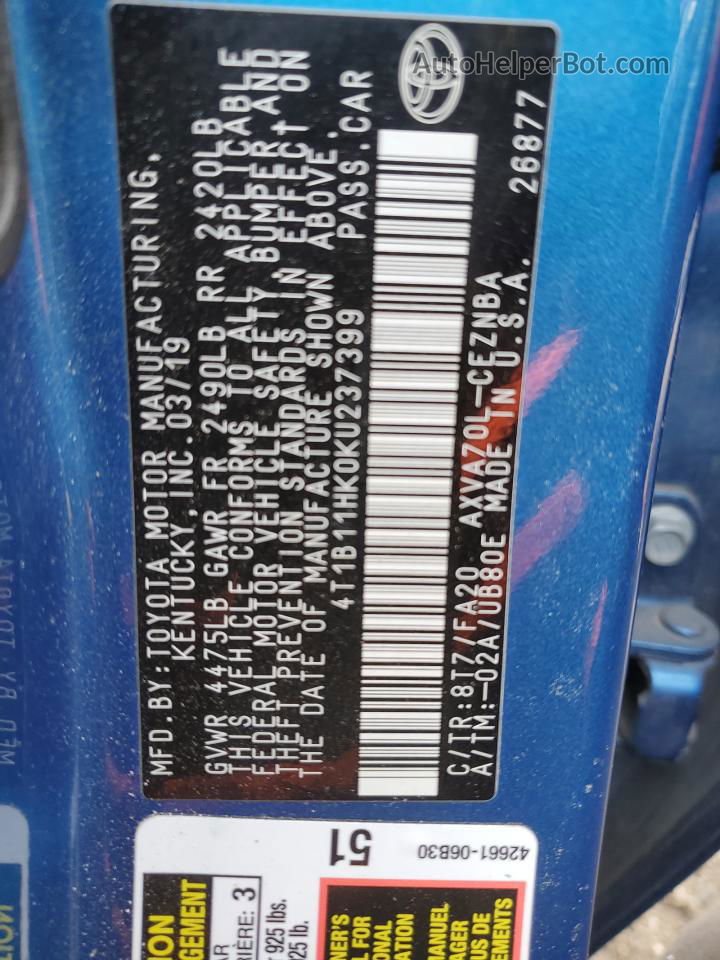 2019 Toyota Camry L Blue vin: 4T1B11HK0KU237399