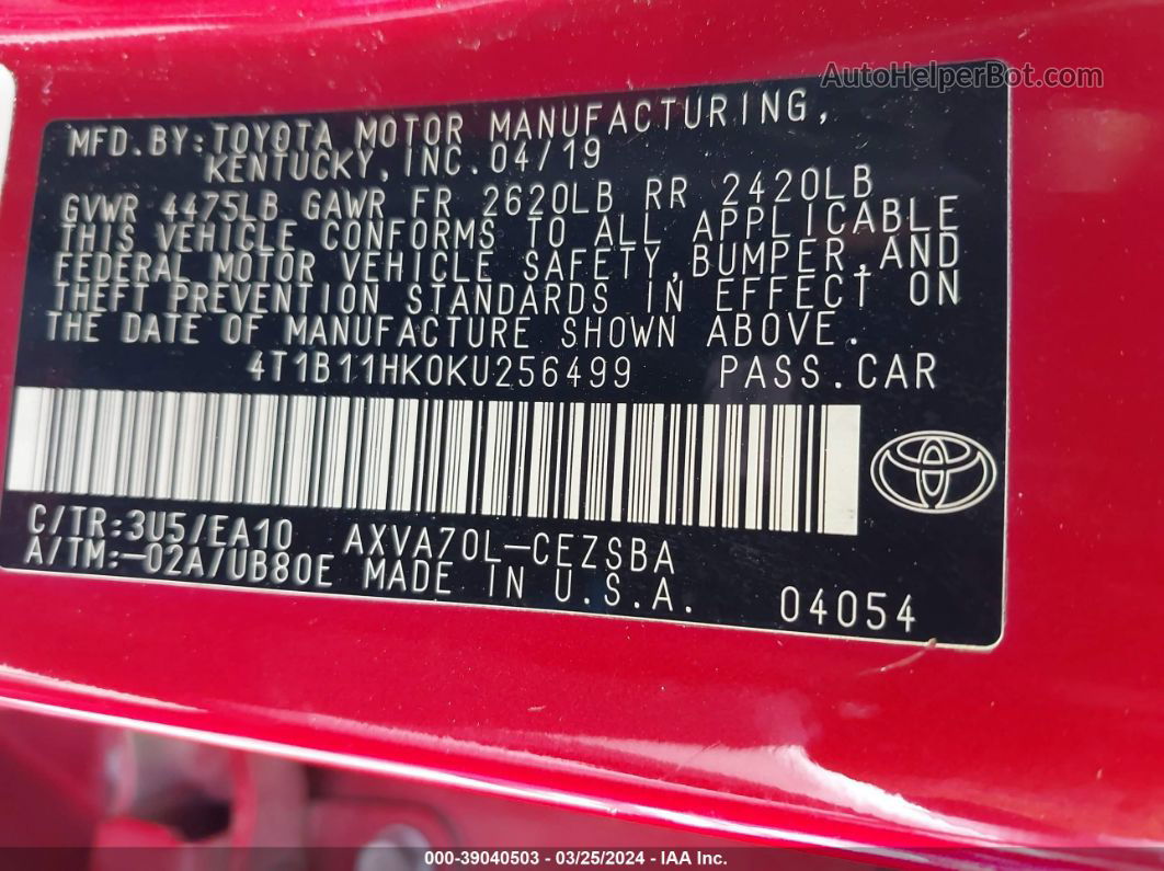 2019 Toyota Camry Se Red vin: 4T1B11HK0KU256499