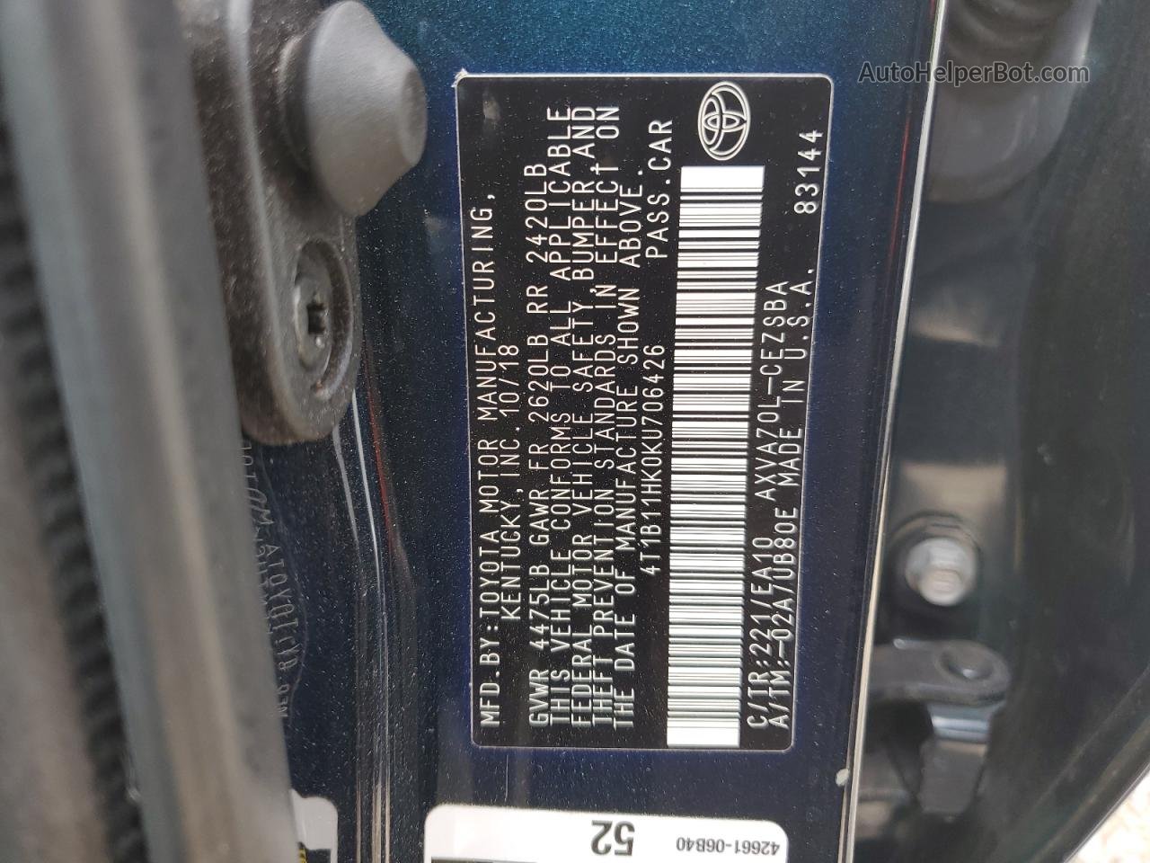2019 Toyota Camry L Синий vin: 4T1B11HK0KU706426