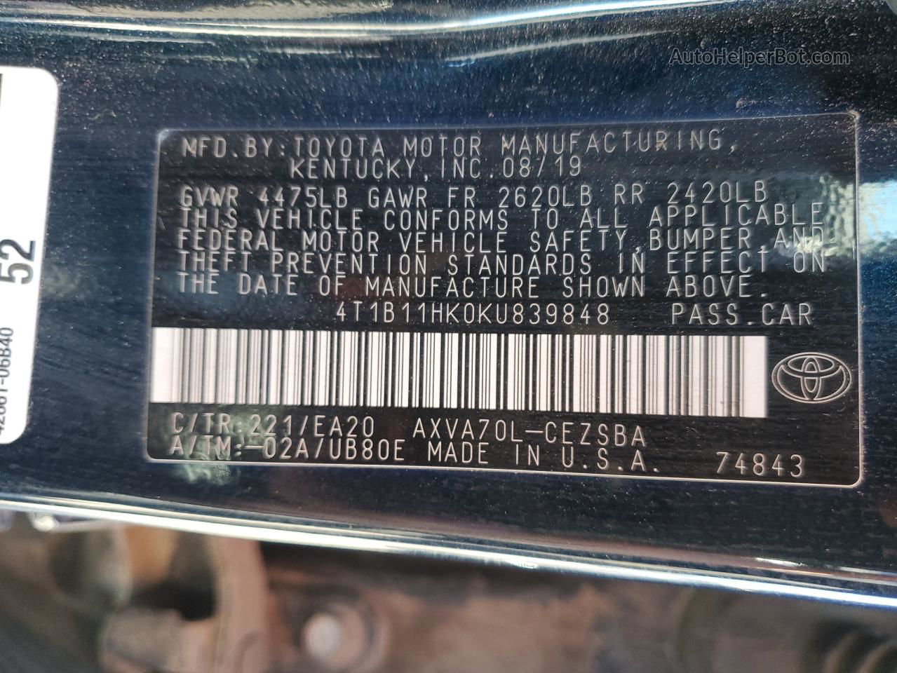 2019 Toyota Camry L Blue vin: 4T1B11HK0KU839848