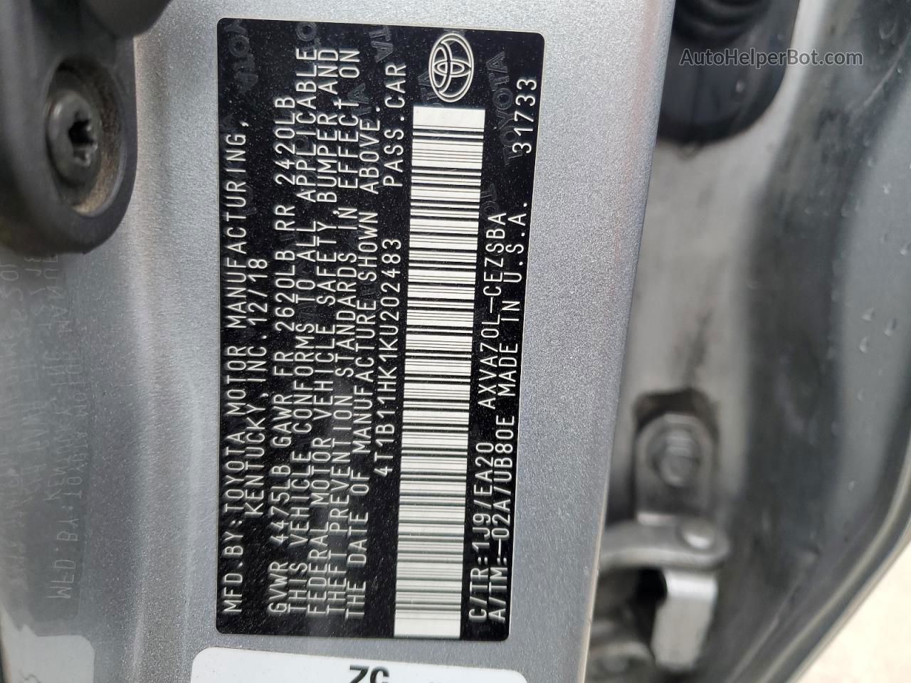 2019 Toyota Camry L Silver vin: 4T1B11HK1KU202483