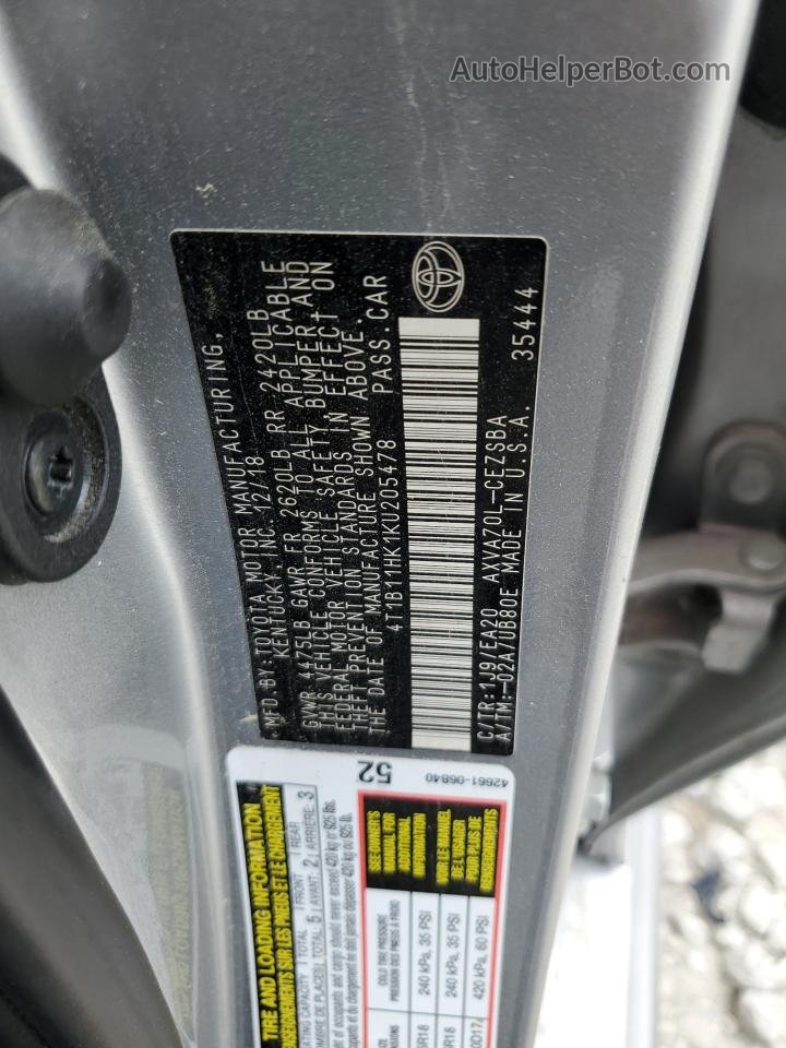 2019 Toyota Camry L Silver vin: 4T1B11HK1KU205478