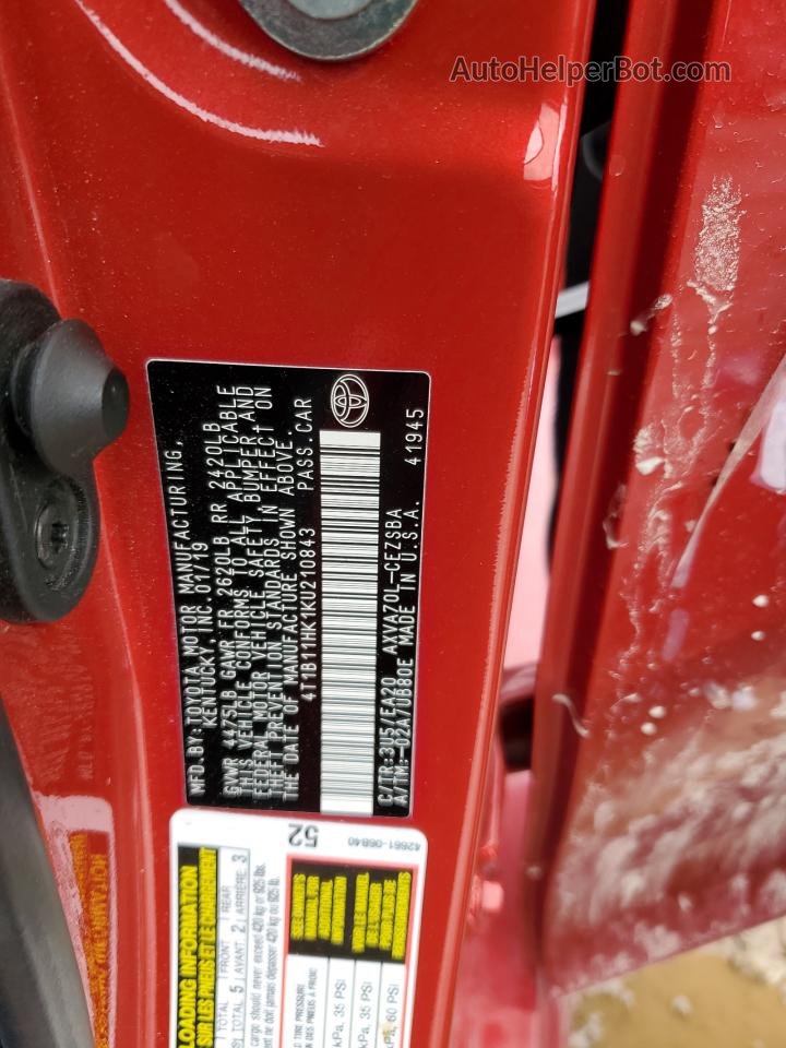 2019 Toyota Camry L Red vin: 4T1B11HK1KU210843