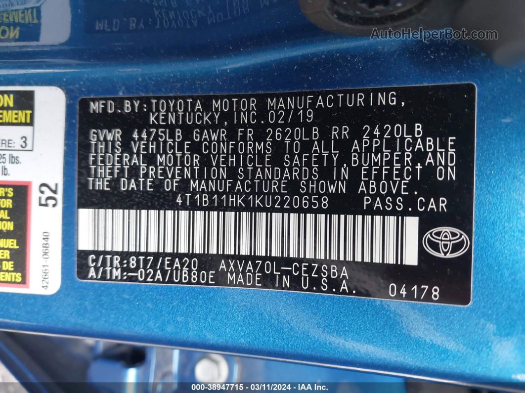 2019 Toyota Camry Se Blue vin: 4T1B11HK1KU220658