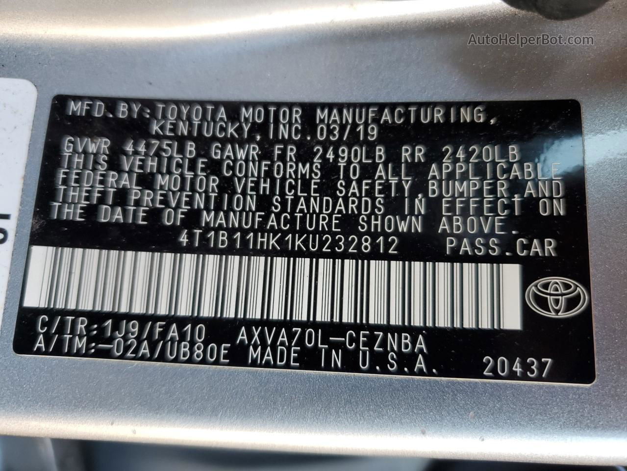 2019 Toyota Camry L Silver vin: 4T1B11HK1KU232812