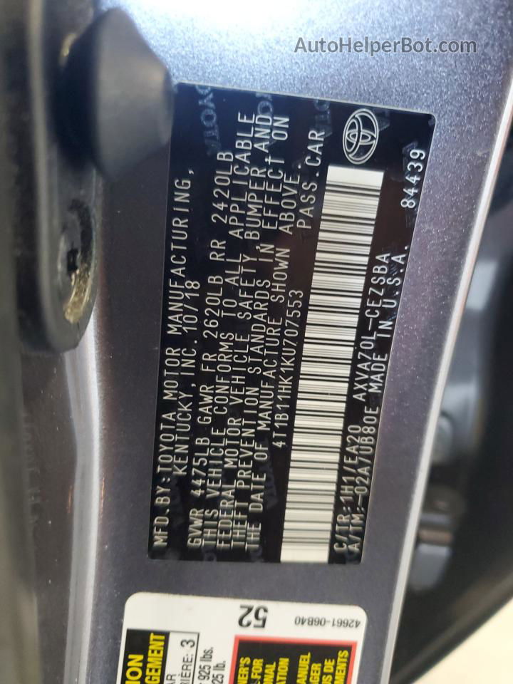 2019 Toyota Camry L Gray vin: 4T1B11HK1KU707553