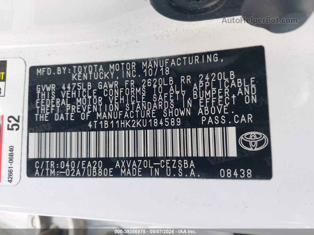 2019 Toyota Camry Se White vin: 4T1B11HK2KU184589