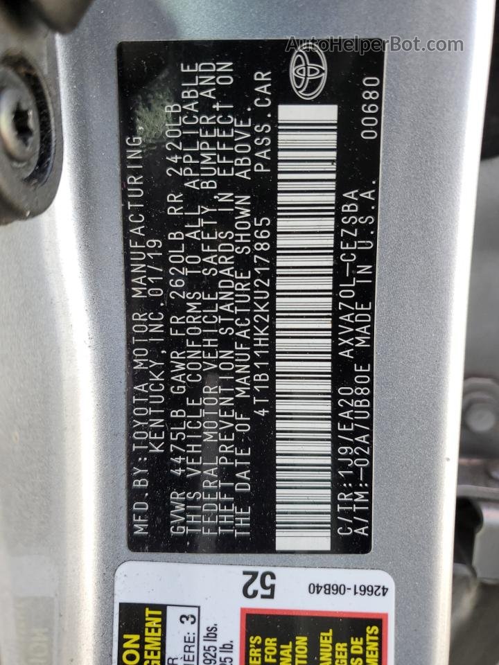 2019 Toyota Camry L Silver vin: 4T1B11HK2KU217865