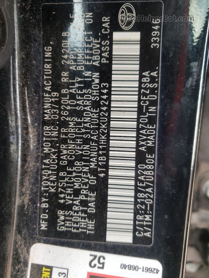 2019 Toyota Camry L Black vin: 4T1B11HK2KU242443