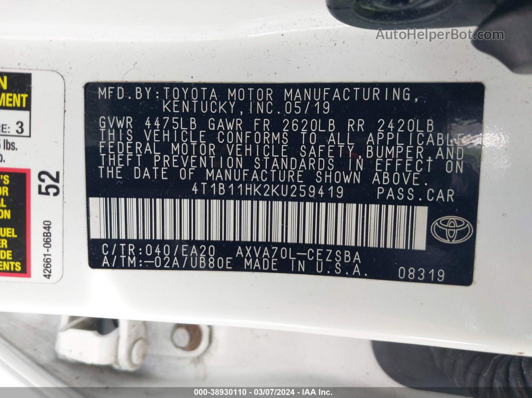 2019 Toyota Camry Se White vin: 4T1B11HK2KU259419