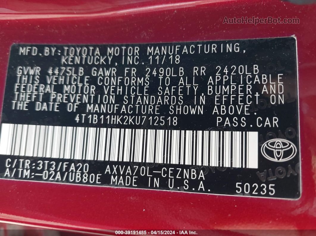 2019 Toyota Camry Le Red vin: 4T1B11HK2KU712518