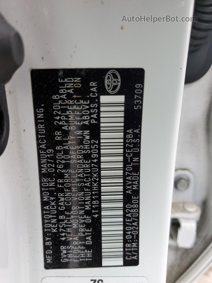 2019 Toyota Camry L White vin: 4T1B11HK2KU749052