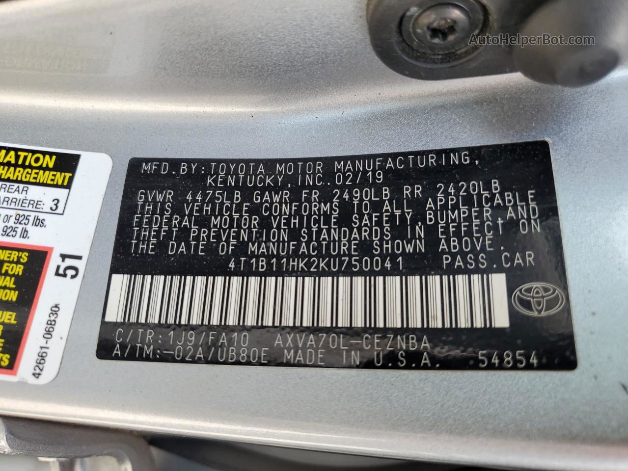 2019 Toyota Camry L Silver vin: 4T1B11HK2KU750041