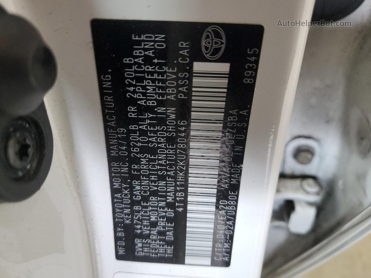 2019 Toyota Camry L White vin: 4T1B11HK2KU780446