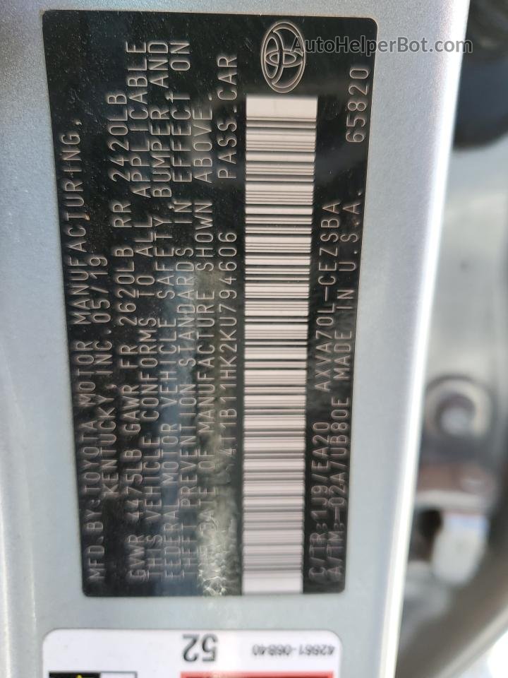 2019 Toyota Camry L Silver vin: 4T1B11HK2KU794606