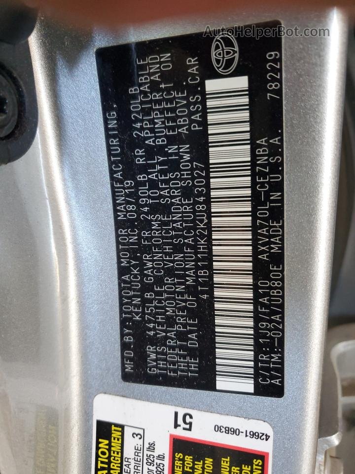 2019 Toyota Camry L Silver vin: 4T1B11HK2KU843027