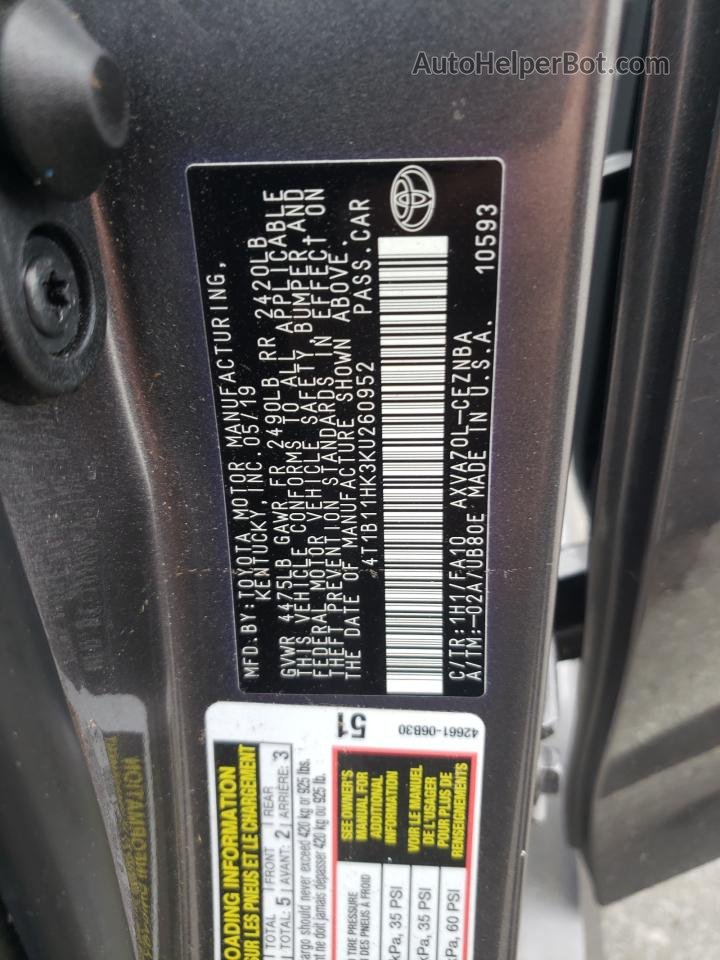 2019 Toyota Camry L Gray vin: 4T1B11HK3KU260952