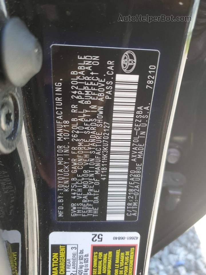 2019 Toyota Camry L Black vin: 4T1B11HK3KU702127