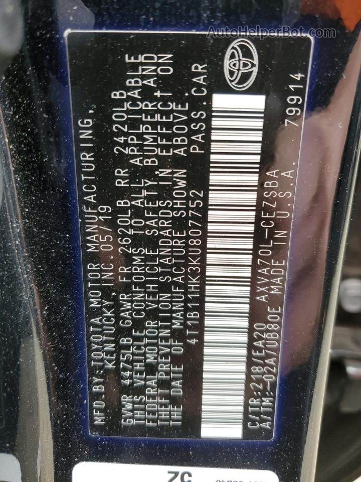 2019 Toyota Camry L Black vin: 4T1B11HK3KU807752