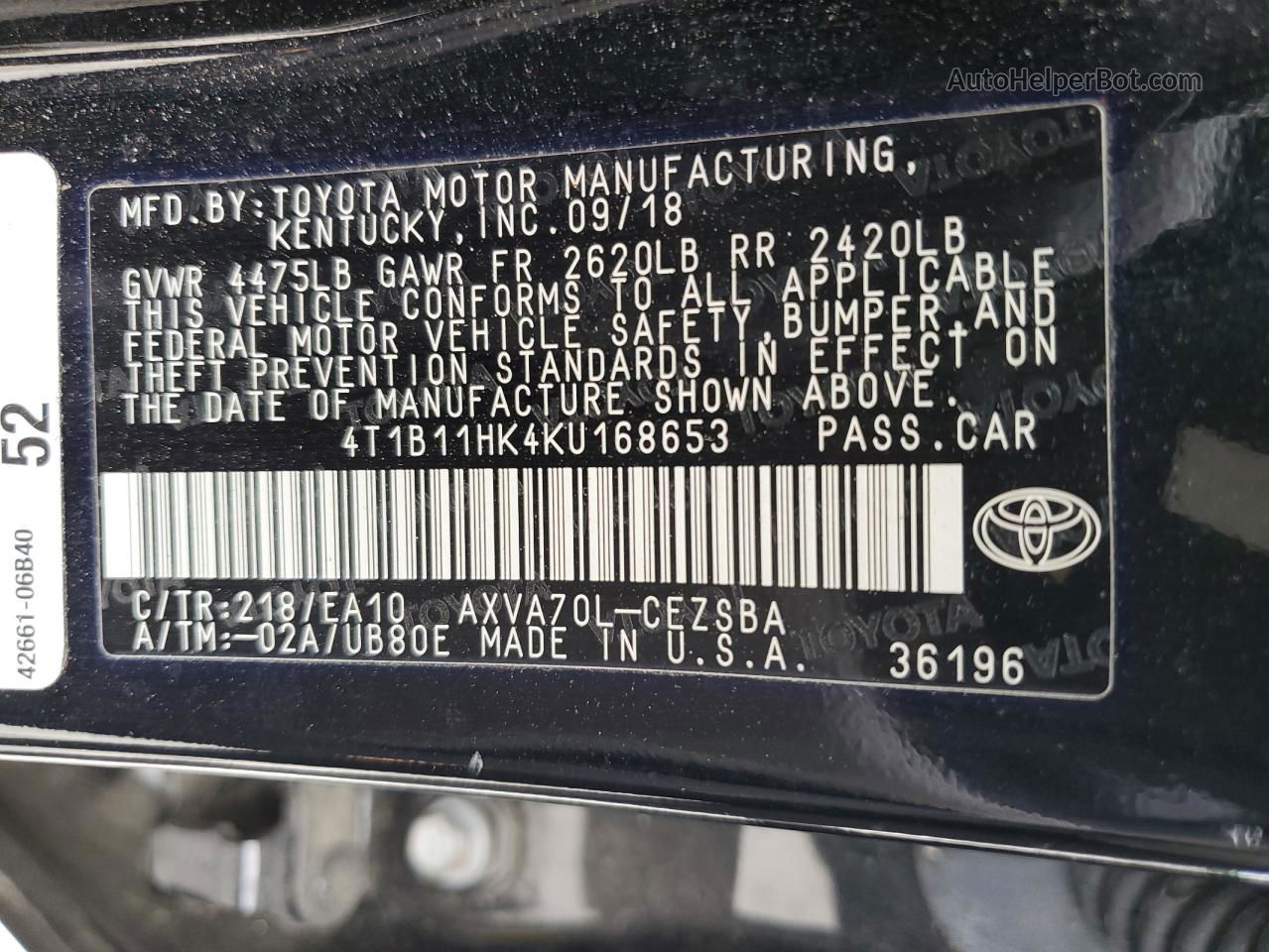 2019 Toyota Camry L Black vin: 4T1B11HK4KU168653