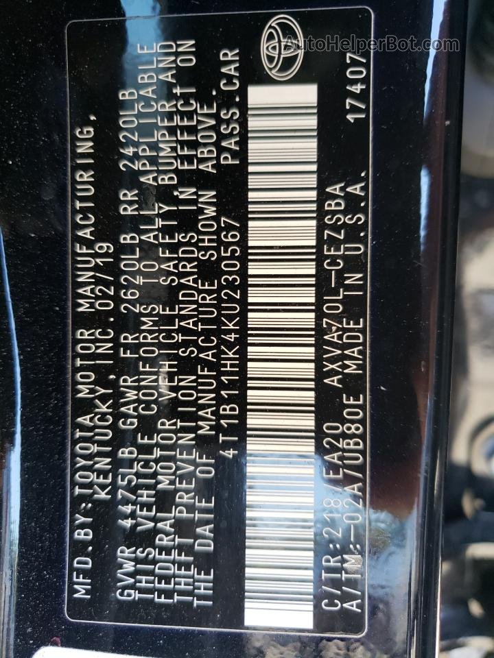 2019 Toyota Camry L Black vin: 4T1B11HK4KU230567