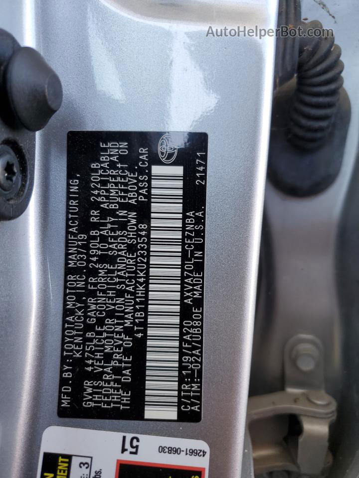 2019 Toyota Camry L Silver vin: 4T1B11HK4KU233548
