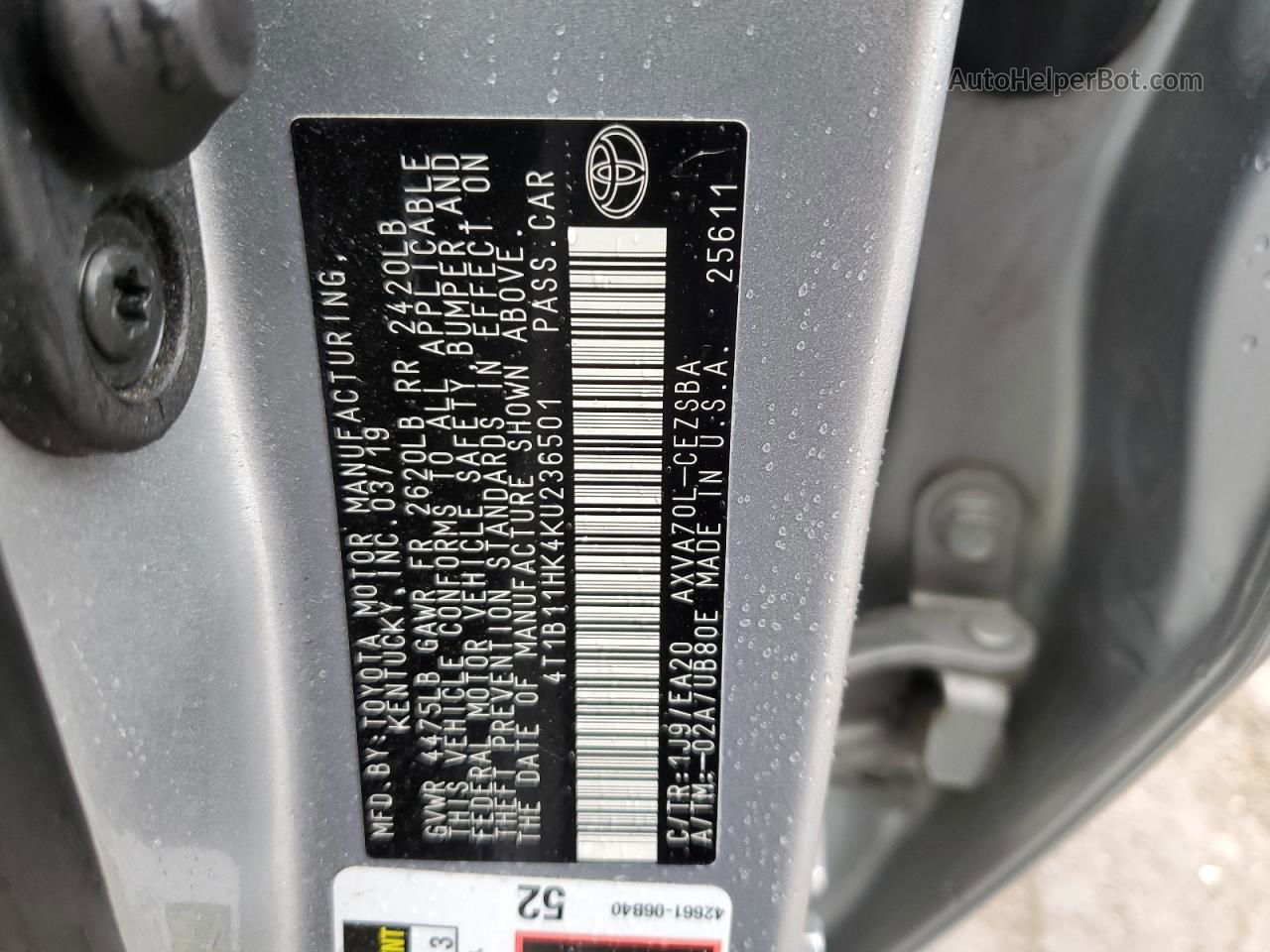 2019 Toyota Camry L Silver vin: 4T1B11HK4KU236501