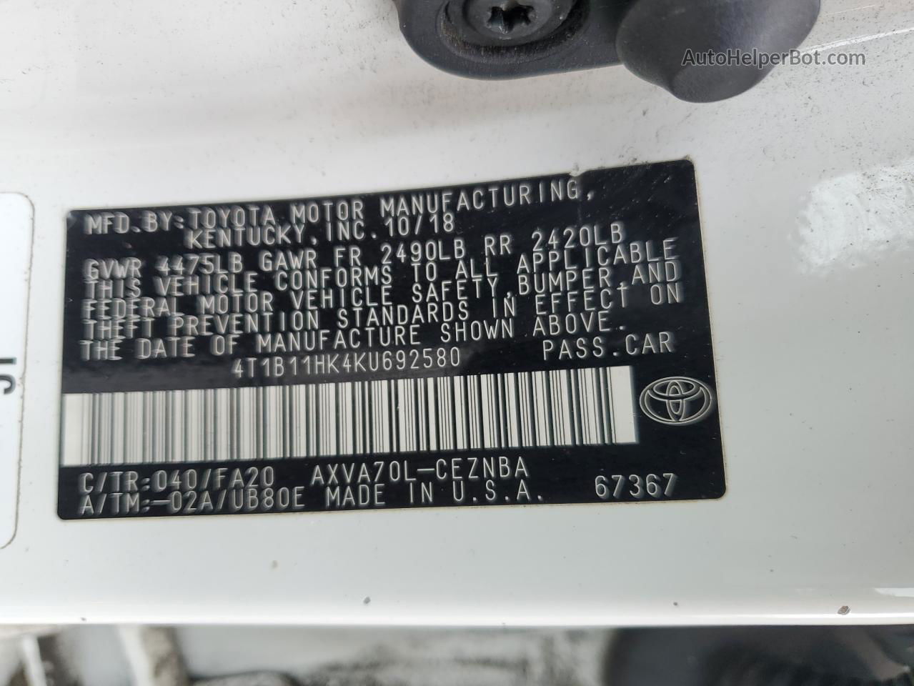 2019 Toyota Camry L White vin: 4T1B11HK4KU692580