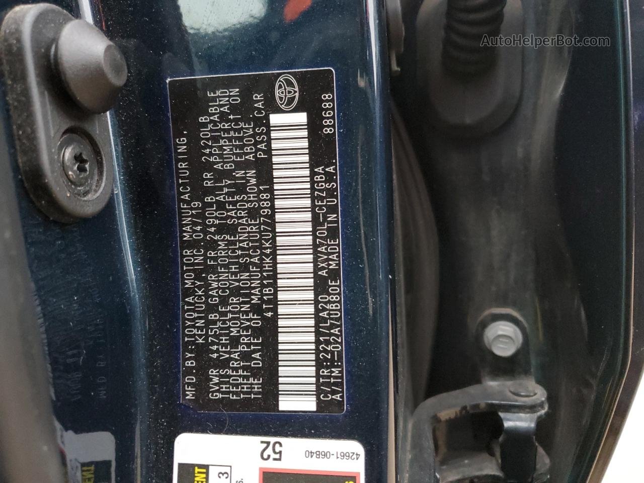 2019 Toyota Camry L Синий vin: 4T1B11HK4KU779881