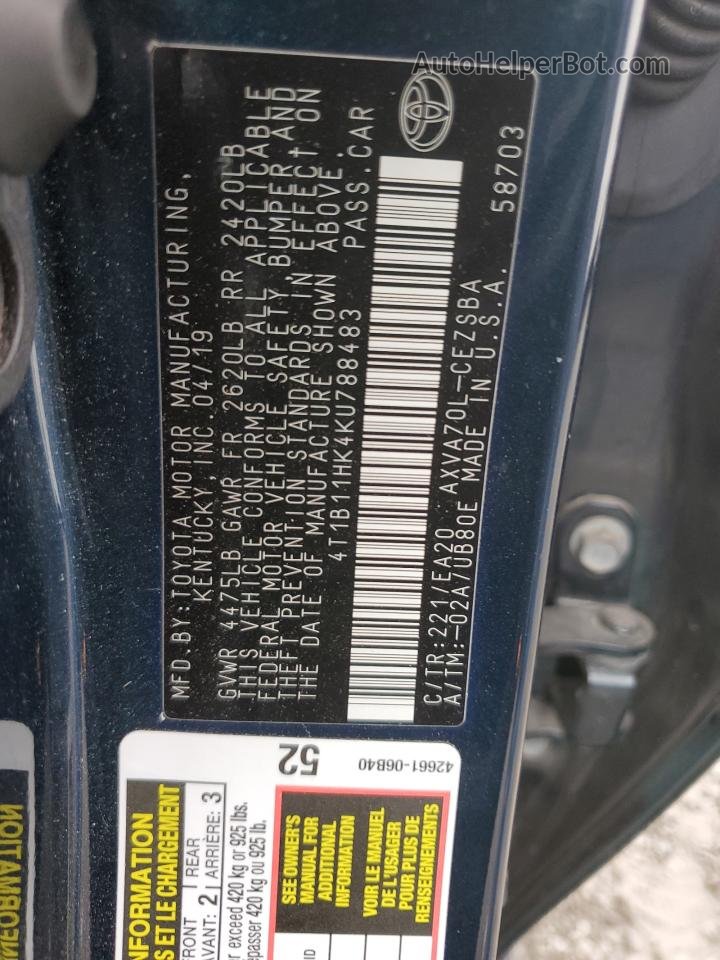 2019 Toyota Camry L Синий vin: 4T1B11HK4KU788483