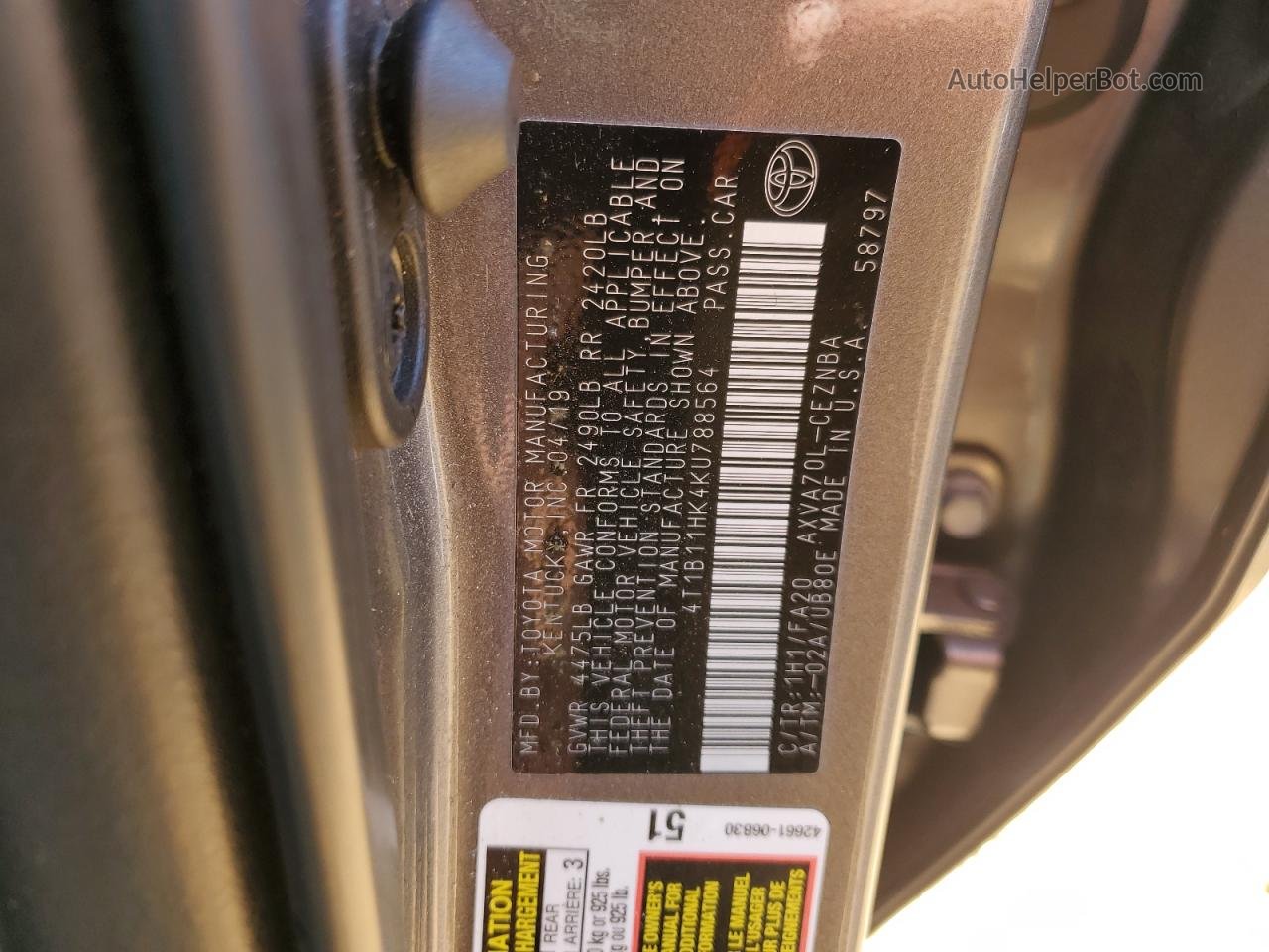 2019 Toyota Camry L Серый vin: 4T1B11HK4KU788564